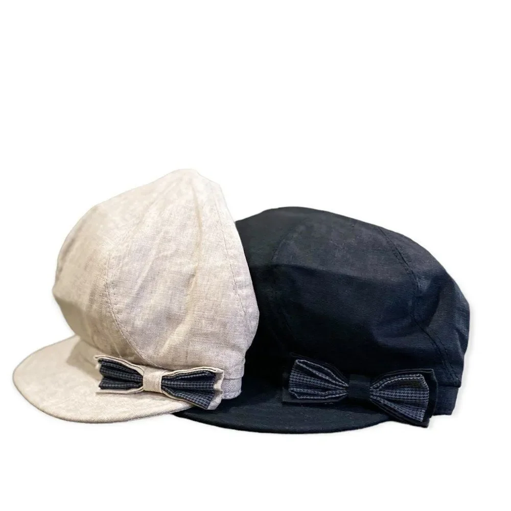 Tan Linen Newsboy Cap with Gingham Bow OS NWT